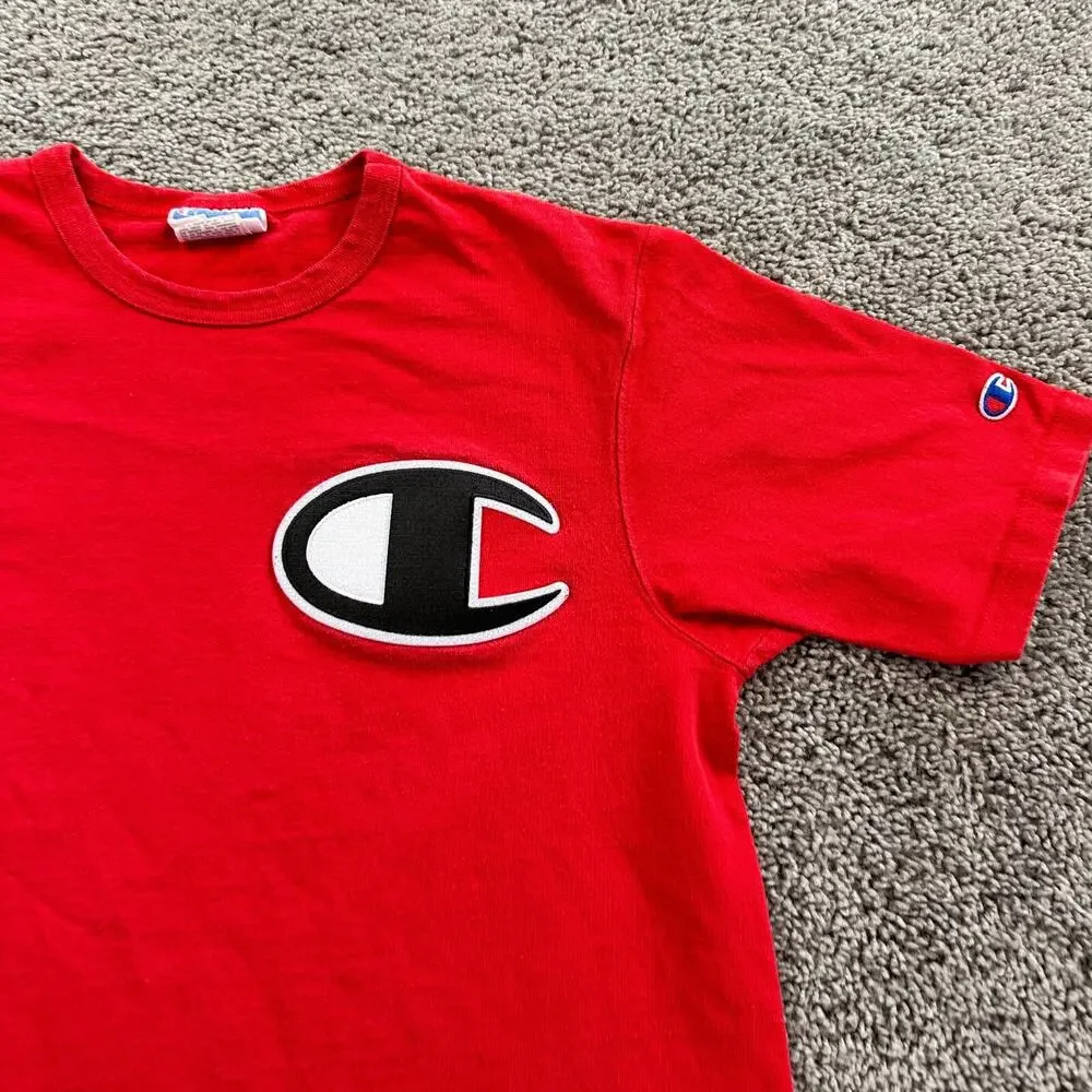 Champion Shirt Mens Medium Red Black Big C Patch Logo Short Sleeve Casual - Picture 3 of 8